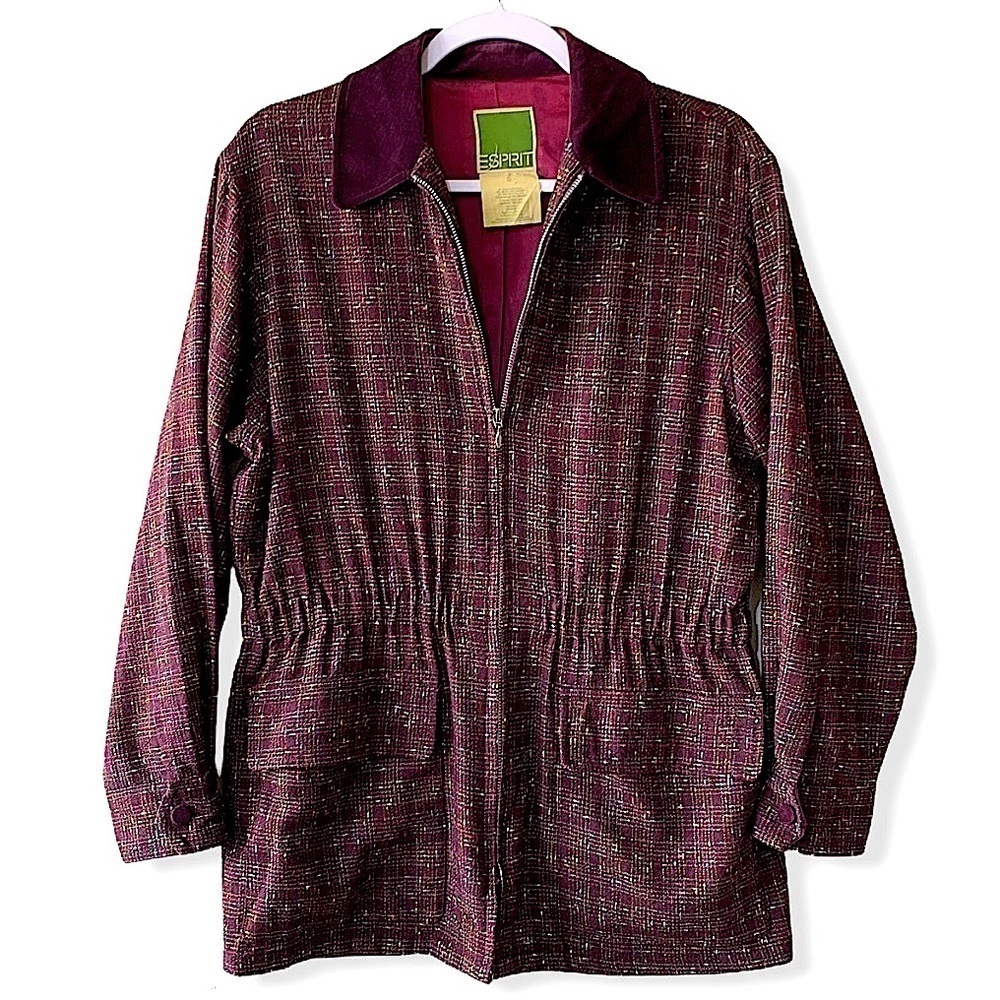𝅺VINTAGE Esprit Burgundy Tweed Zip Front Utility Jacket Size Medium